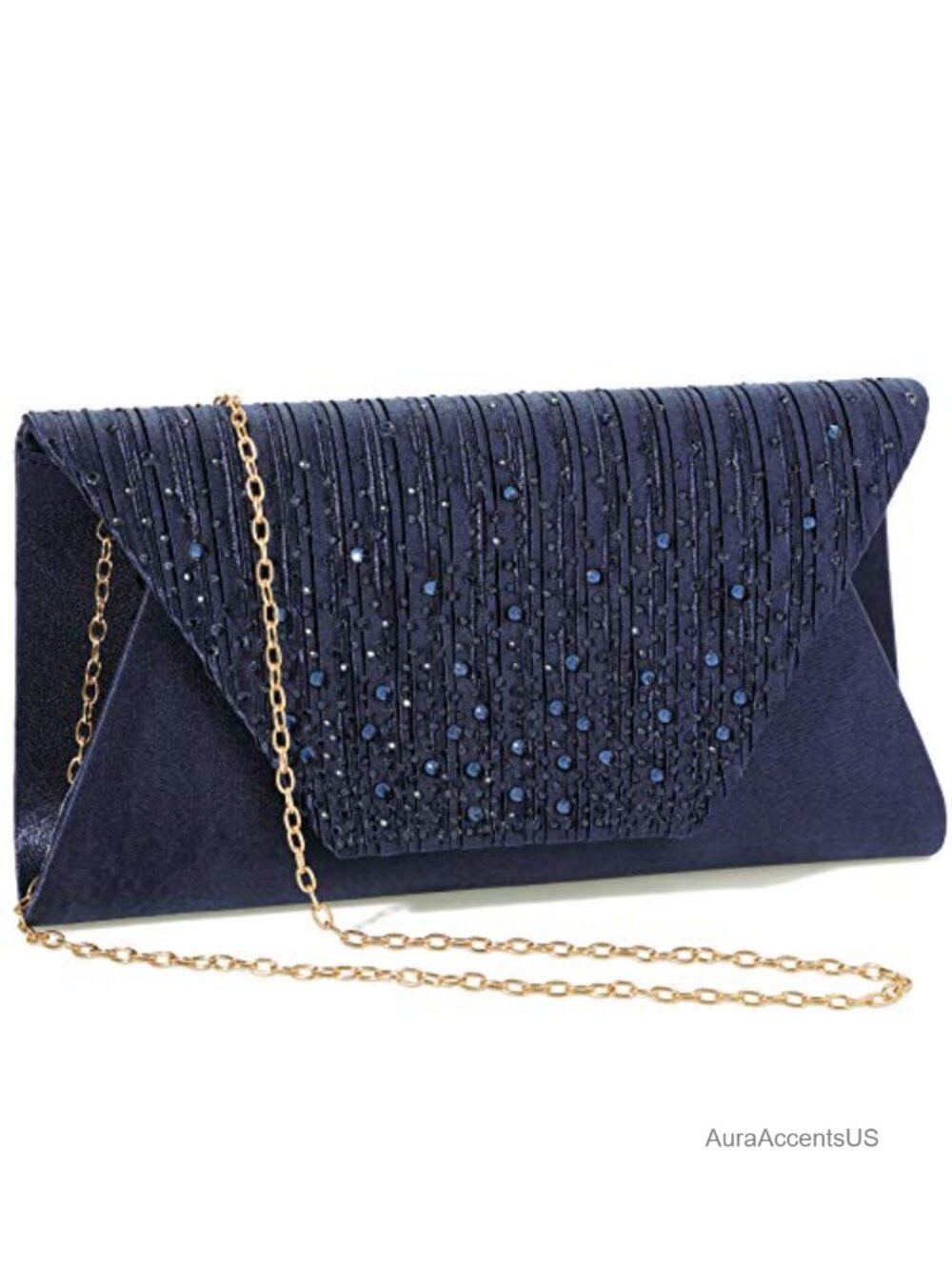 Satin Rhinestone Evening Clutch with Detachable Chain Strap